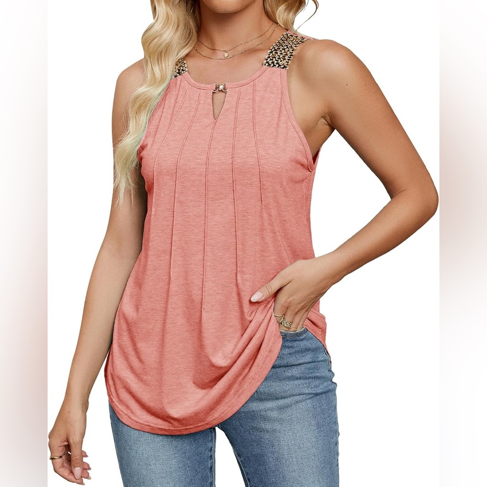 BellaDila Tank Tops Casual Sleeveless Shirts Dressy Pleated Keyhole Crew Neck